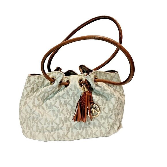 Michael Kors Signature Ring Tote East West Vanilla/Brown Leather Shoulder Bag - Picture 1 of 15